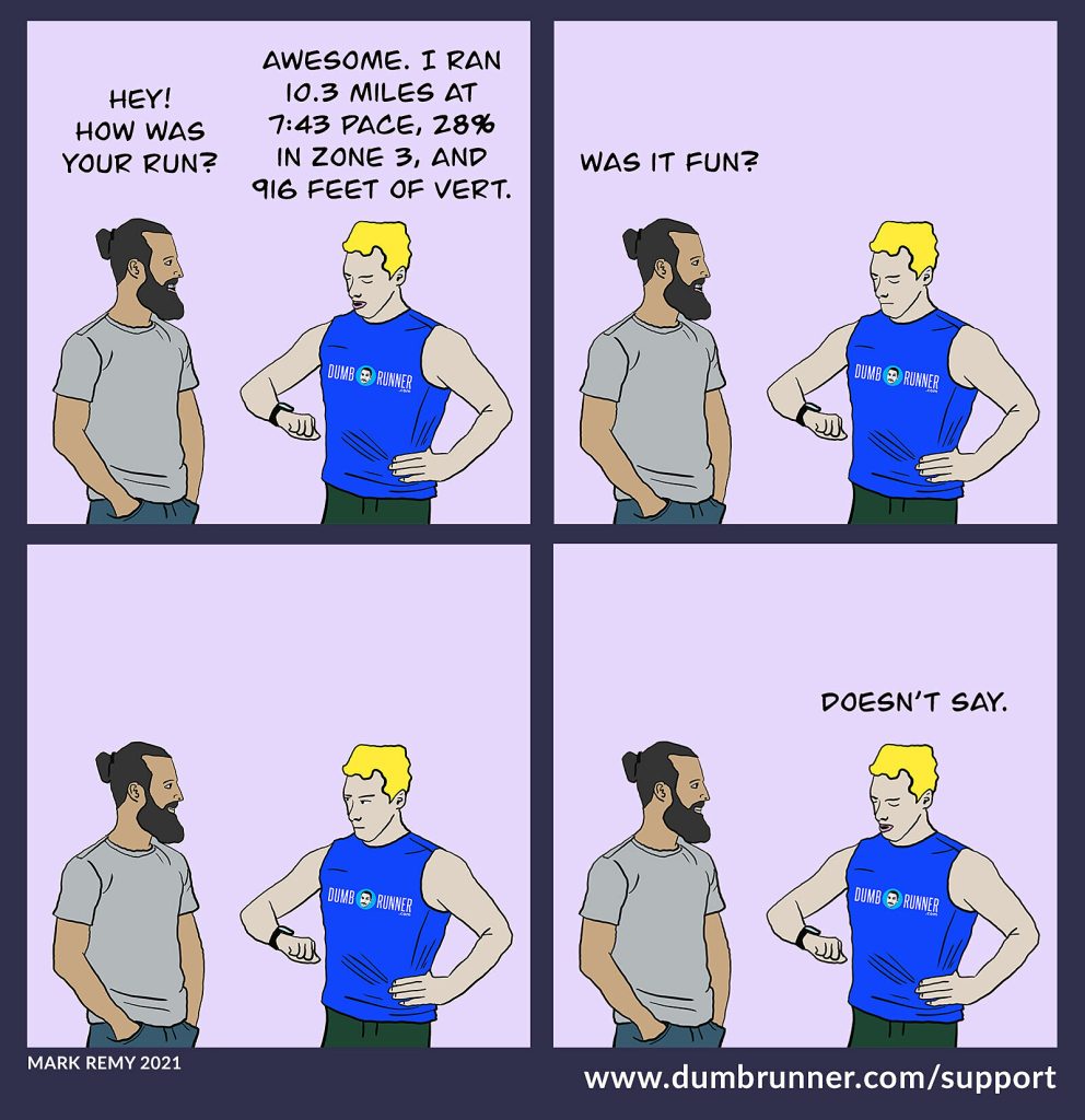 comic showing a runner who is overly dependent on his device